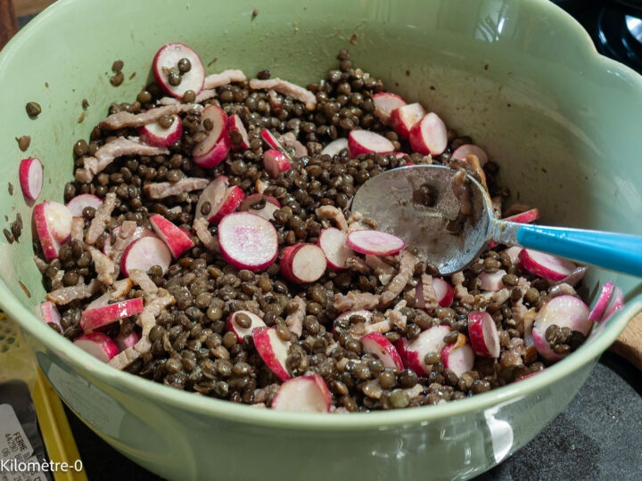 Salade de lentilles au chou rave, jambon et radis : étape 7 — Coupez les radis en rondelles et ajoutez-les dans le saladier.