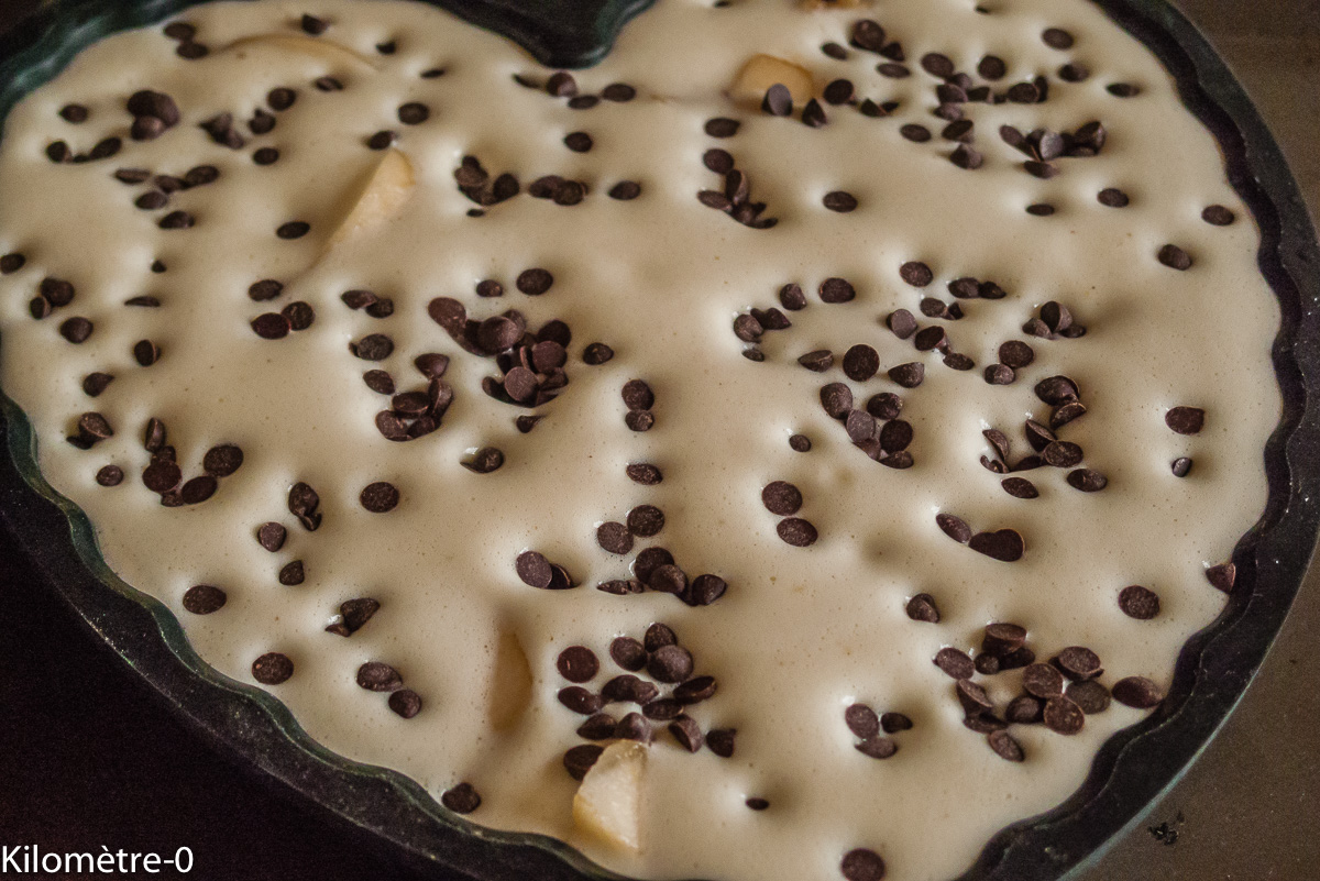 Photo de recette de flan poires et chocolat, facile, bio, rapide, léger deKilomètre-0, blog de cuisine réalisée à partir de produits de saison et issus de circuits courts