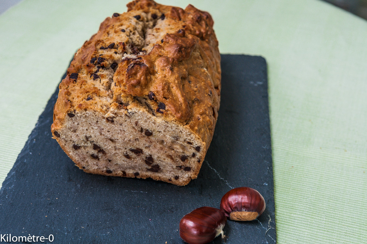 Image de recette de Cake aux chataignes et pépites de chocolat, facile, bio, healthy, rapide, gâteau du matin