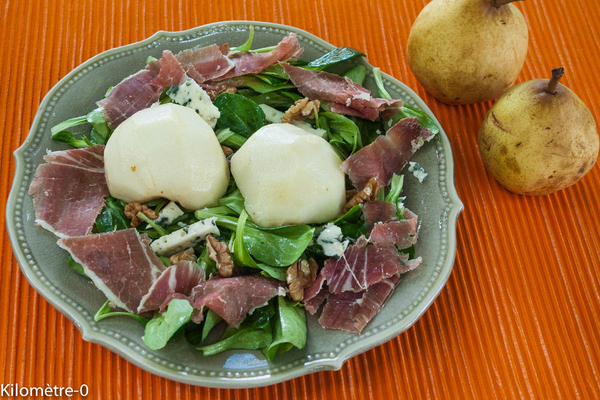 image de recette de salade de poires, jambon, bleu, facile, rapide, bio de Kilomètre-0