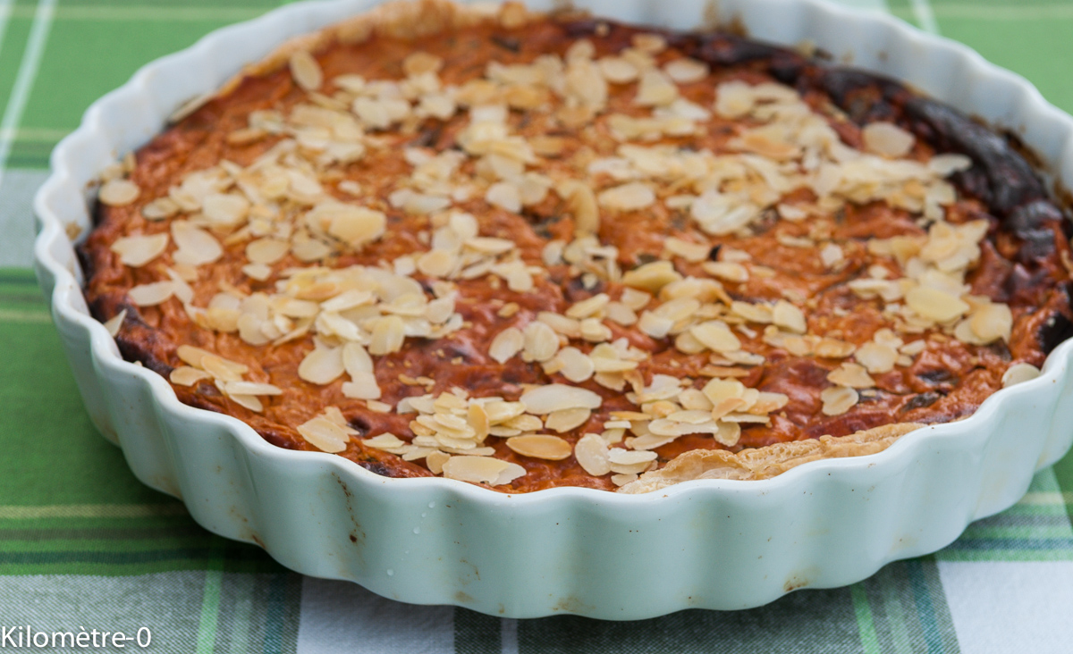 image de recette detarte, tarte salée, quiche, thon, thon à la tomate, tomate, amandes, facile, rapide, légère,été,   Kilomètre-0