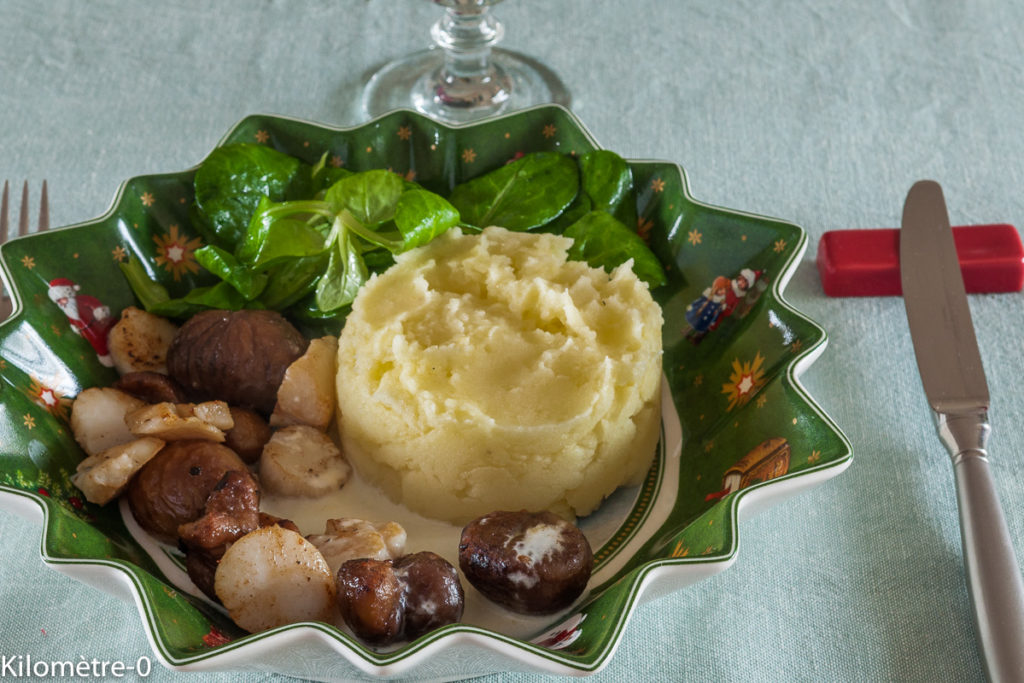 image de recette de saint jacques, marrons, purée maison, facile, Noël, festive, rapide de Kilomètre-0