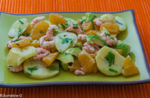 Photo de recette de salade pomme de terre orange crevettes de  Kilomètre-0, blog de cuisine réalisée à partir de produits locaux et issus de circuits courts
