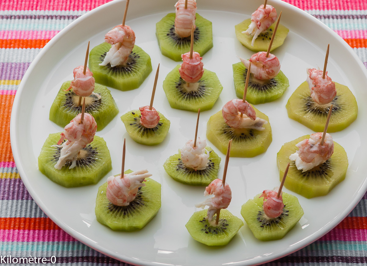 Photo de recette d'apéro kiwi langoustine de  Kilomètre-0, blog de cuisine réalisée à partir de produits locaux et issus de circuits courts