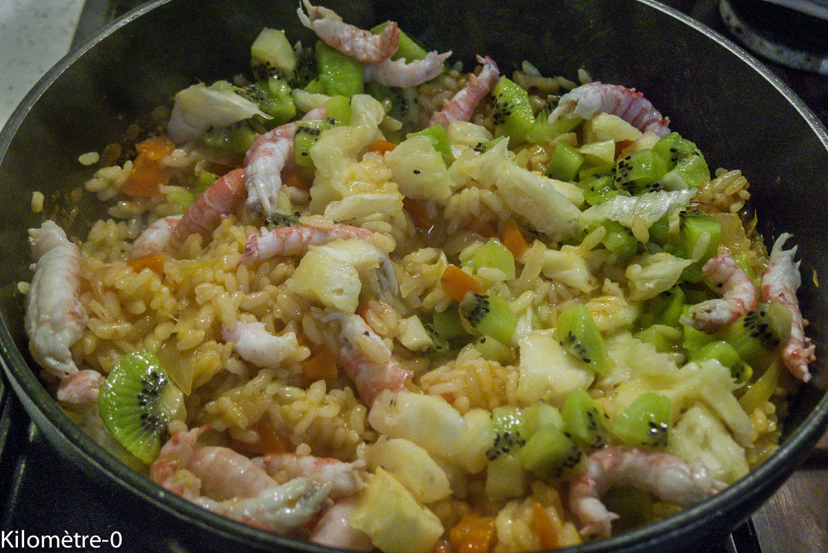 Photo de recette de risotto kiwis et langoustines de Kilomètre-0, blog de cuisine réalisée à partir de produits locaux et issus de circuits courts