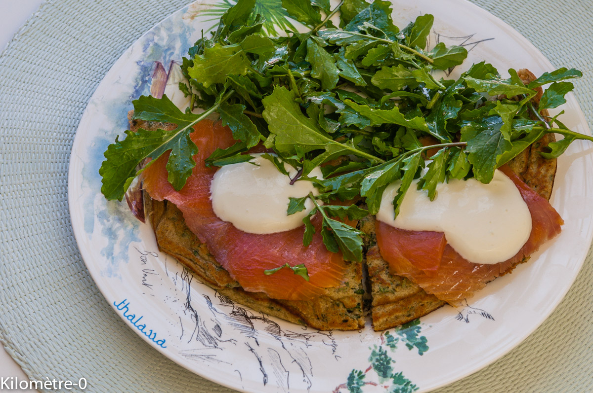 Photo de recette légère, facile, rapide, bio,  de blinis de roquette à la truite fumée de Kilomètre-0, blog de cuisine réalisée à partir de produits locaux et issus de circuits courts