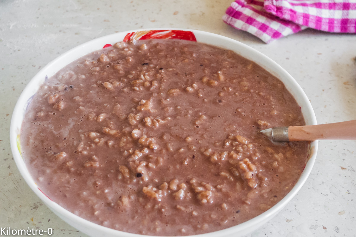 Photo de recette de riz au lait chocolat raisins noisettes de Kilomètre-0, blog de cuisine réalisée à partir de produits locaux et issus de circuits courts