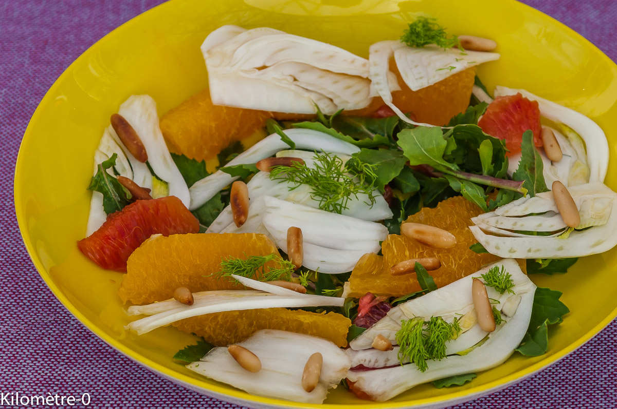 Photo de recette  facile, rapide, légère de salade fenouil orange pignons de pin de  Kilomètre-0, blog de cuisine réalisée à partir de produits locaux et issus de circuits courts