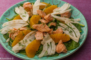 Photo de recette  facile, rapide, légère  de salade fenouil orange saumon de Kilomètre-0, blog de cuisine réalisée à partir de produits locaux et issus de circuits courts