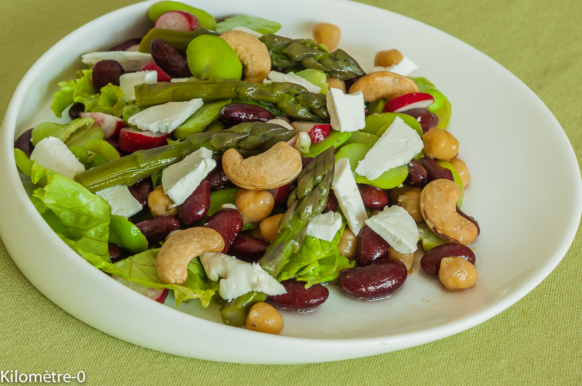 Photo de recette de salade haricots rouges, pois chiches, noix de cajou, chèvre, fèves, healthy, végétarienne,  deKilomètre-0, blog de cuisine réalisée à partir de produits locaux et issus de circuits courts