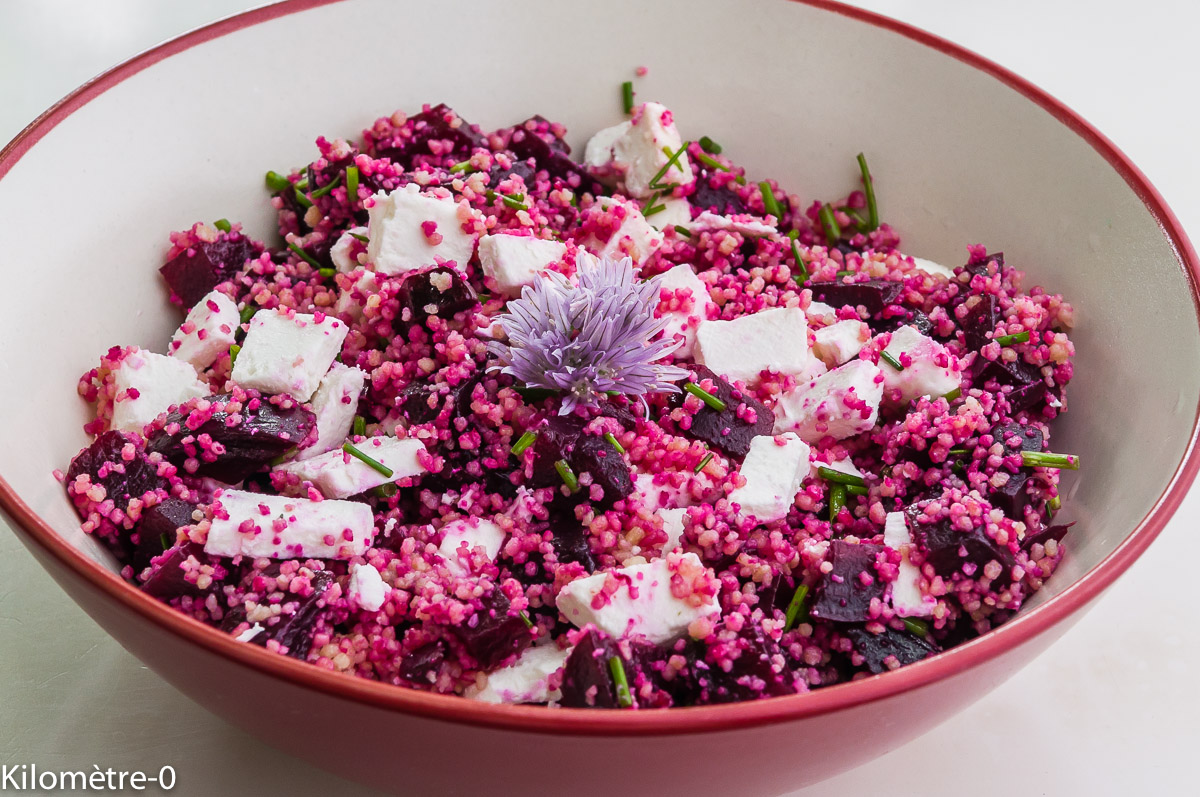 Photo de recette de salade semoule betterave et chèvre de Kilomètre-0, blog de cuisine réalisée à partir de produits locaux et issus de circuits courts