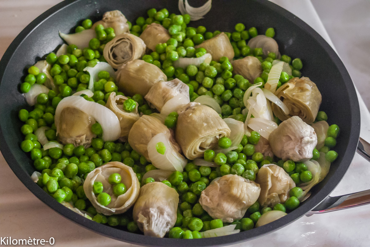 Photo de recette de petits pois artichauts de Kilomètre-0, blog de cuisine réalisée à partir de produits locaux et issus de circuits courts