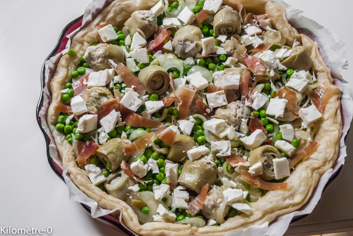 Photo de recette de tarte petits pois artichauts fêta de Kilomètre-0, blog de cuisine réalisée à partir de produits locaux et issus de circuits courts