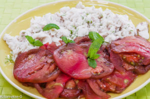 Photo de recette facile, léger, rapide de salade merlu aux tomates anciene Kilomètre-0, blog de cuisine réalisée à partir de produits locaux et issus de circuits courts