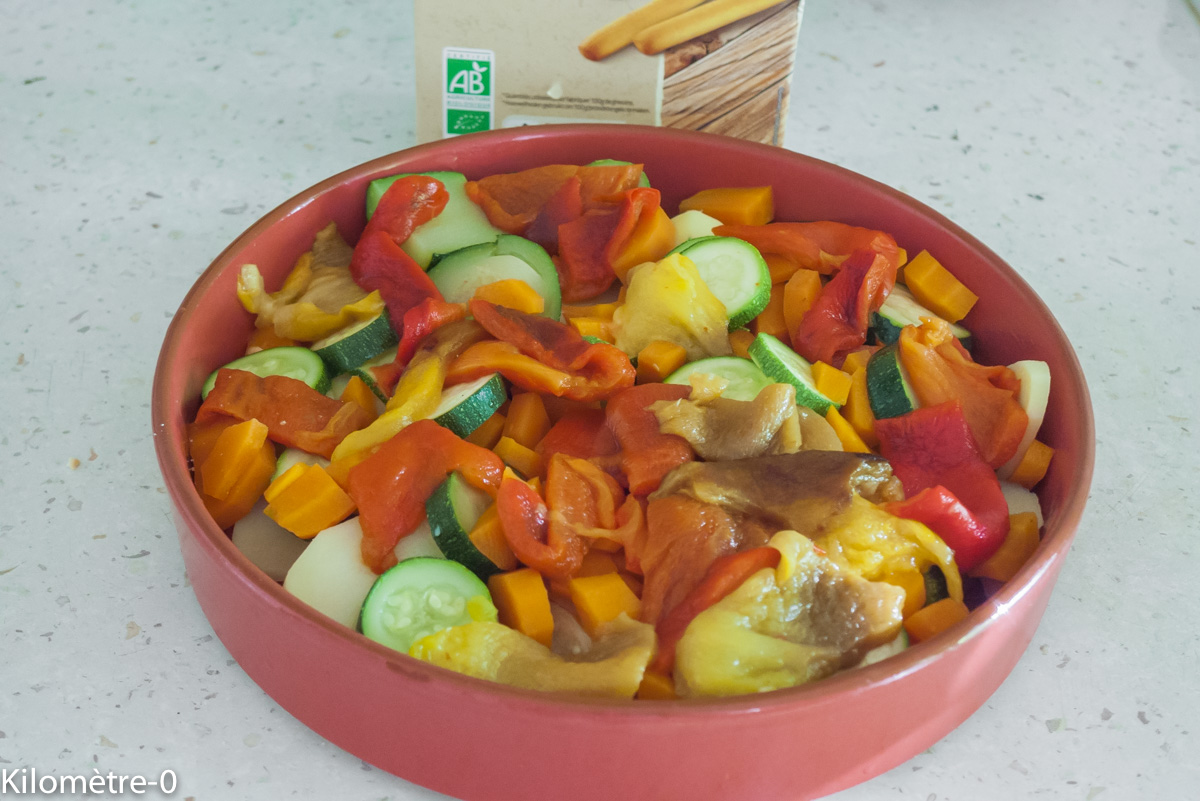 Photo de recette de crumble aux légumes d'été facile, léger, rapide, économique, bio dede Kilomètre-0, blog de cuisine réalisée à partir de produits locaux et issus de circuits courts