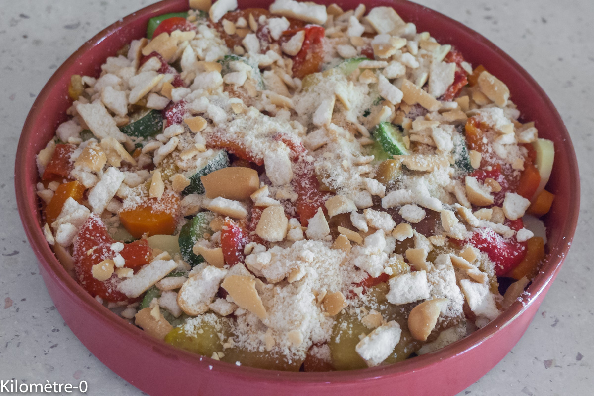 Photo de recette de crumble aux légumes d'été facile, léger, rapide, économique, bio dede Kilomètre-0, blog de cuisine réalisée à partir de produits locaux et issus de circuits courts