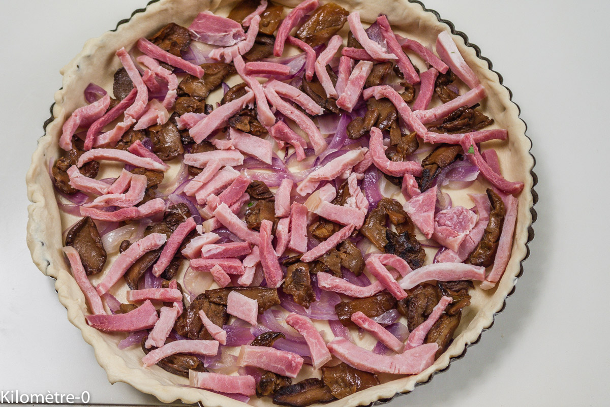 Photo de recette de quiche champignon jambon haricots facile, léger de Kilomètre-0, blog de cuisine réalisée à partir de produits locaux et issus de circuits courts
