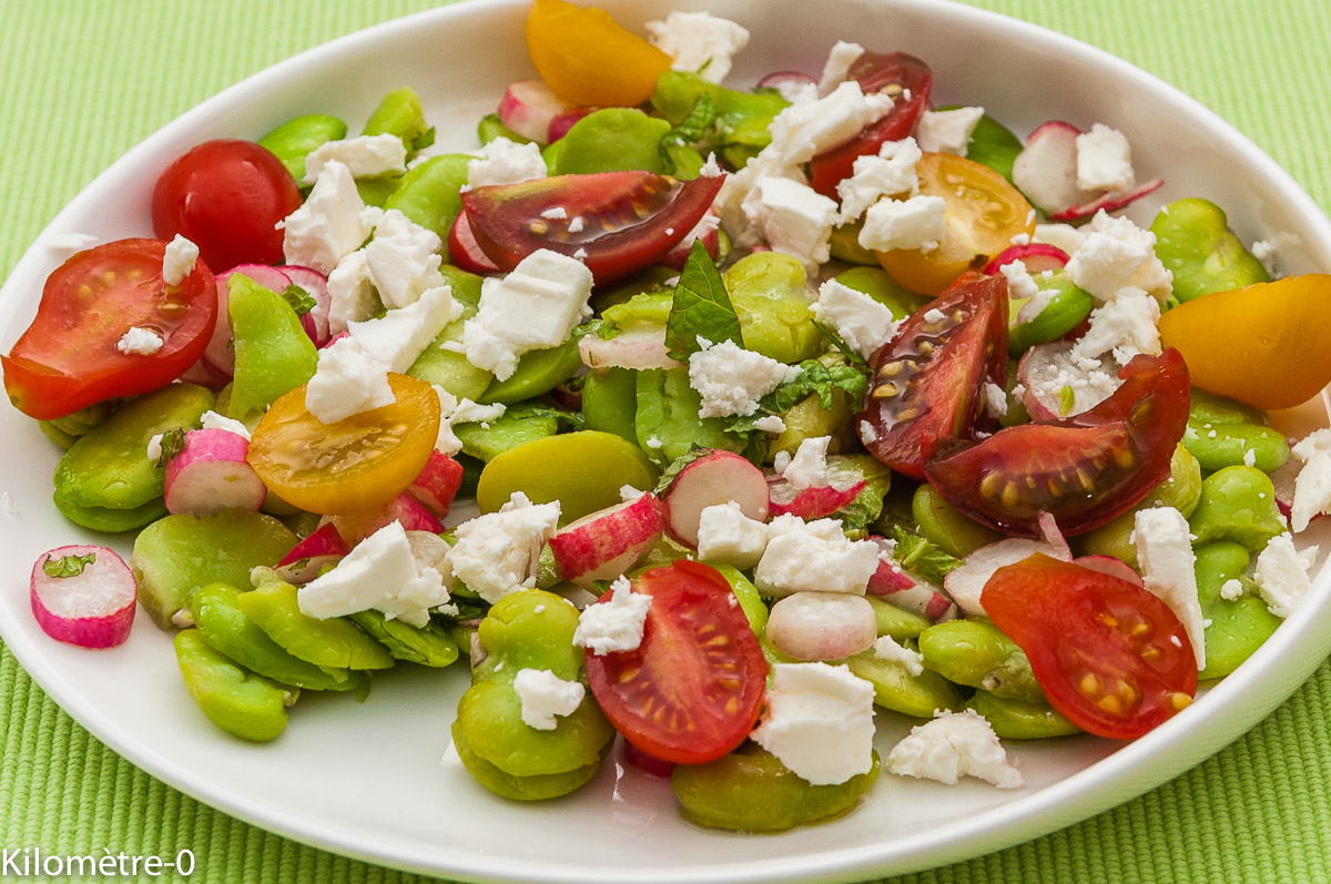Photo de recette de salade fèves, radis, menthe, fêta facile rapide légère de Kilomètre-0, blog de cuisine réalisée à partir de produits locaux et issus de circuits courts
