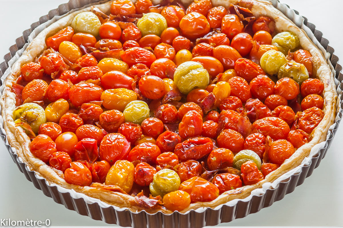 Photo de recette de tarte moutarde tomates cerise facile, rapide, bio, légère deKilomètre-0, blog de cuisine réalisée à partir de produits locaux et issus de circuits courts