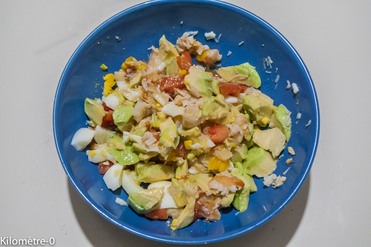 Photo de recette de farce crabe, avocat, oeuf, facile, rapide, léger de Kilomètre-0, blog de cuisine réalisée à partir de produits locaux et issus de circuits courts