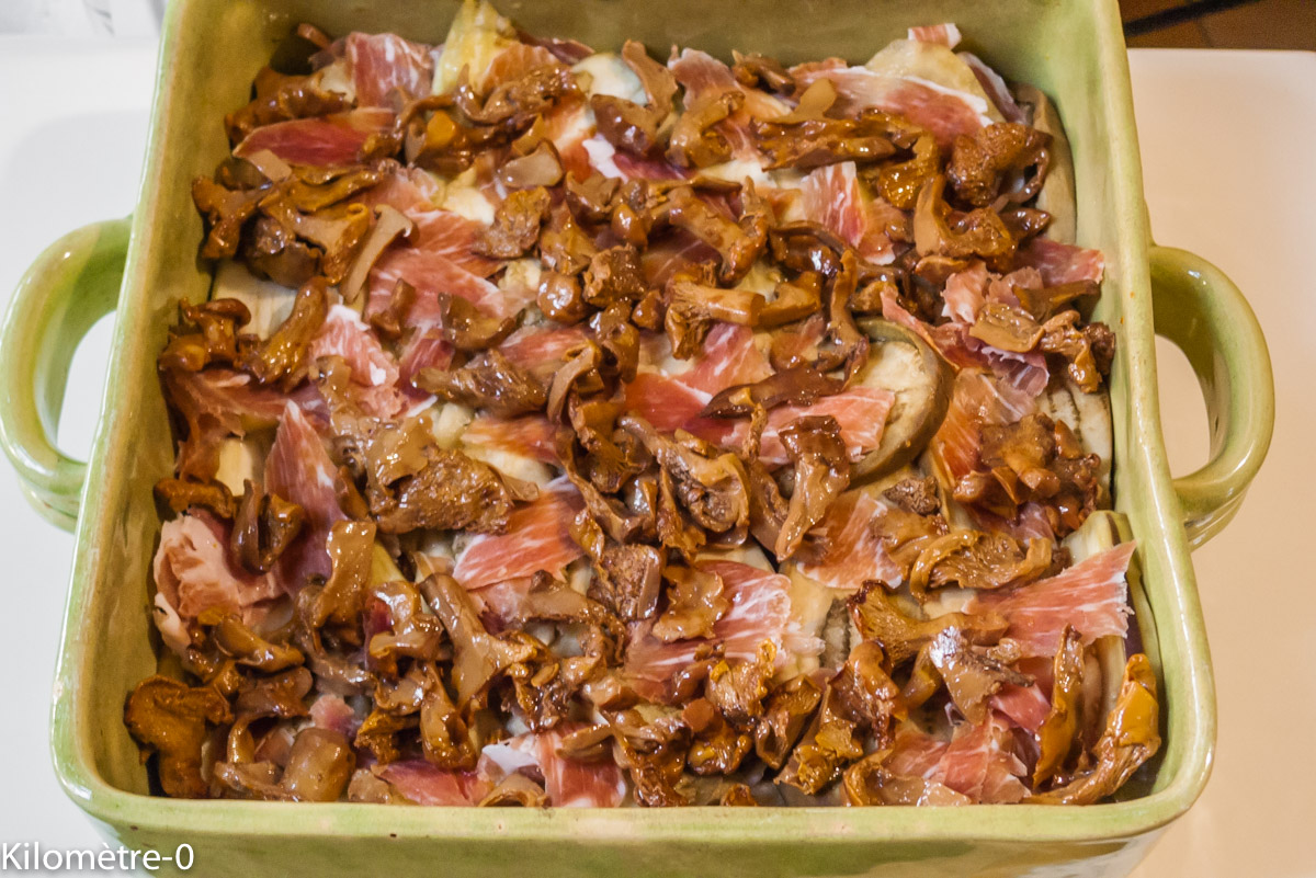 Photo de recette de gratin aubergine, scamorza, girolles, jambon, facile, rapide, léger, bio, Kilomètre-0, blog de cuisine réalisée à partir de produits locaux et issus de circuits courts