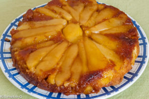 Photo de recette de gâteau renversé, dessert, gâteau, tatin, poires, fruits, gingembre, automne, hiver, facile, rapide de Kilomètre-0, blog de cuisine réalisée à partir de produits locaux et issus de circuits courts