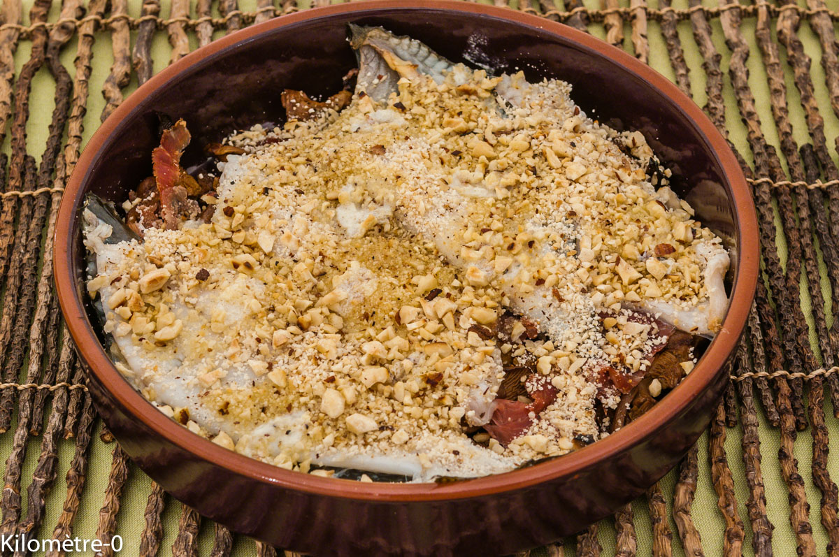 Photo de recette de turbot aux girolles, noisettes, chapelure, crumble, facile, rapide, léger, simple de Kilomètre-0, blog de cuisine réalisée à partir de produits locaux et issus de circuits courts