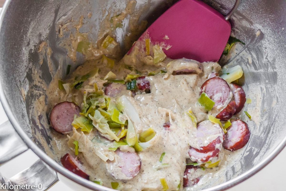 Photo de recette de cake,saucisses fumées, poireaux, facile, rapide, léger, économique, bio de Kilomètre-0, blog de cuisine réalisée à partir de produits locaux et issus de circuits courts