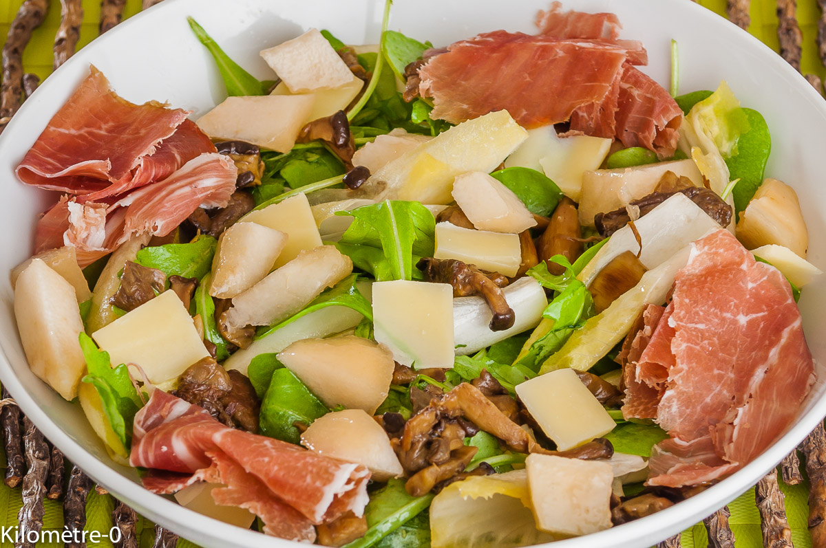 Photo de recette de salade, cèpes, endives, jambon, facile, rapide, léger, bio, Kilomètre-0, blog de cuisine réalisée à partir de produits locaux et issus de circuits courts