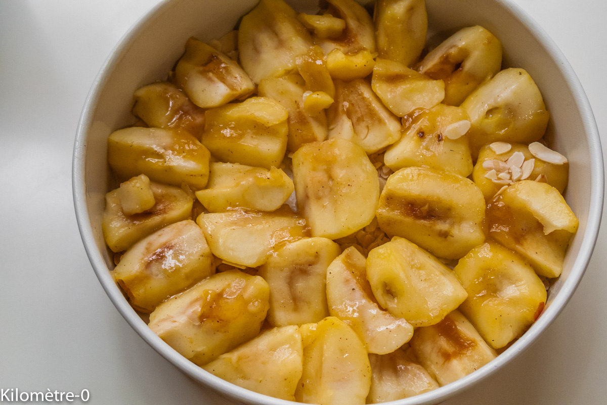 Photo de recette de gâteau facile, pommes, amandes, raisins secs, léger, bio de Kilomètre-0, blog de cuisine réalisée à partir de produits locaux et issus de circuits courts