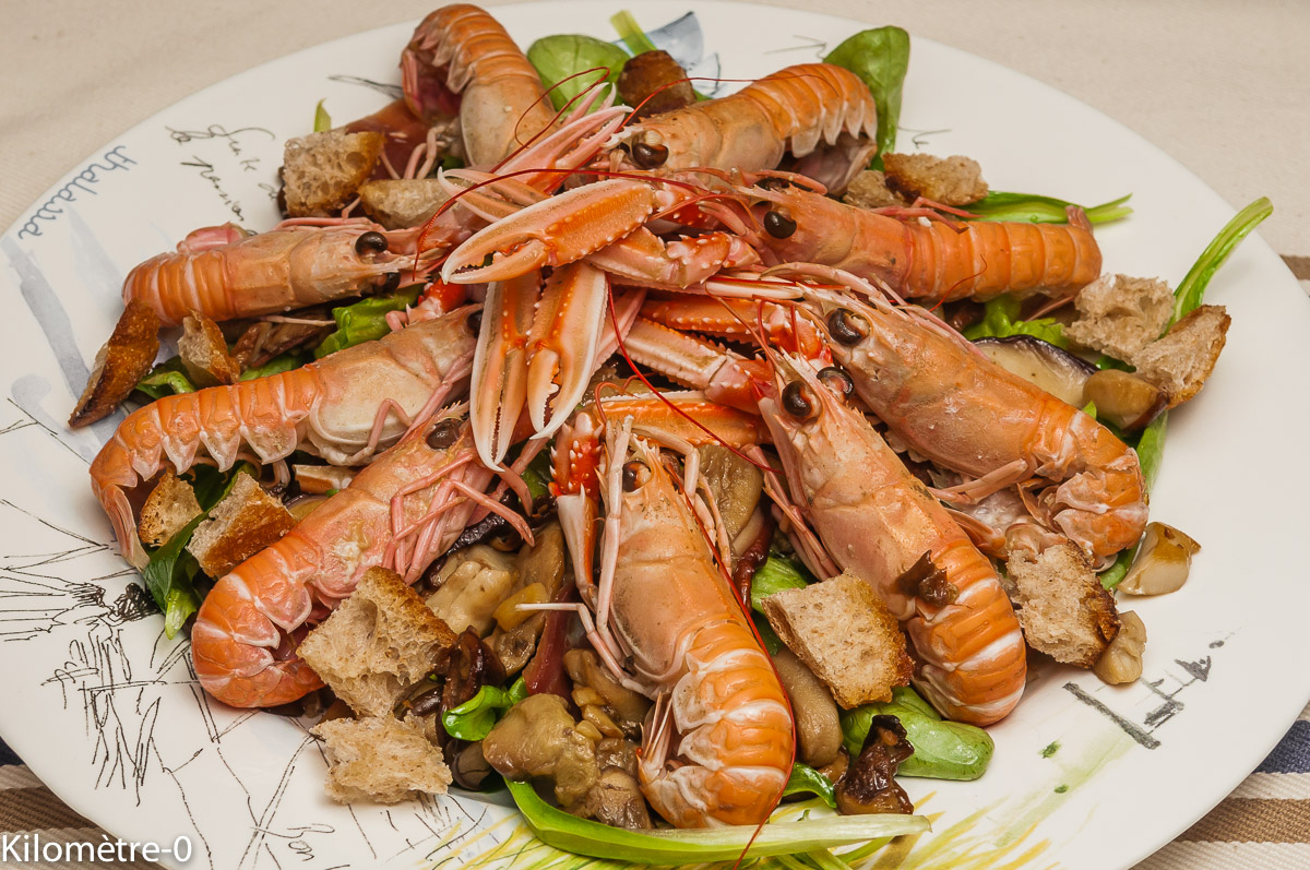 Photo de recette de cèpes, langoustines, facile, mâche, rapide, légère, de Kilomètre-0, blog de cuisine réalisée à partir de produits locaux et issus de circuits courts