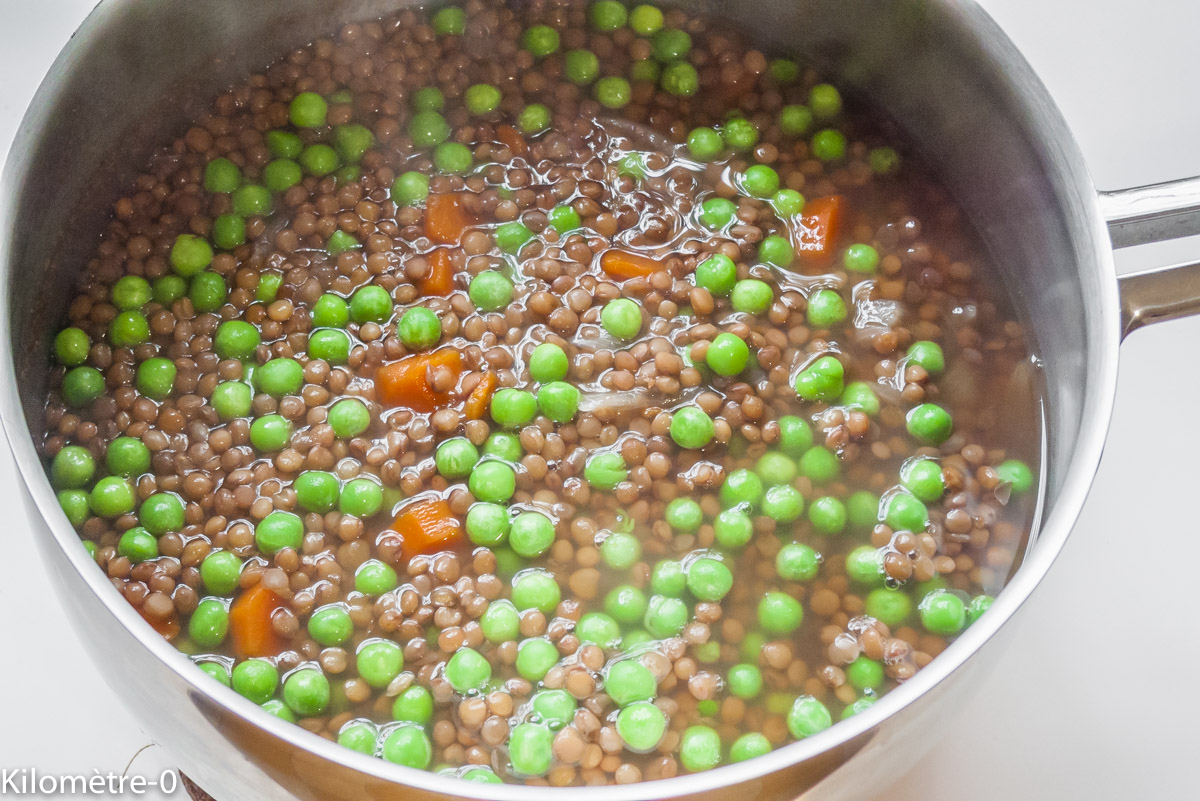 Photo de recette de lentilles, fêta, petits pois, facile, rapide, léger, bio de Kilomètre-0, blog de cuisine réalisée à partir de produits locaux et issus de circuits courts