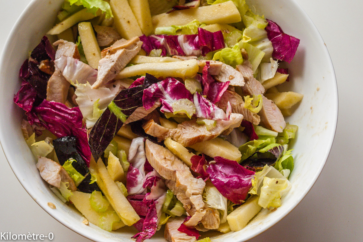 Photo de recette de salade, dinde, pommes, céléri, facile, rapide, léger, bio, fraicheur, Kilomètre-0, blog de cuisine réalisée à partir de produits locaux et issus de circuits courts