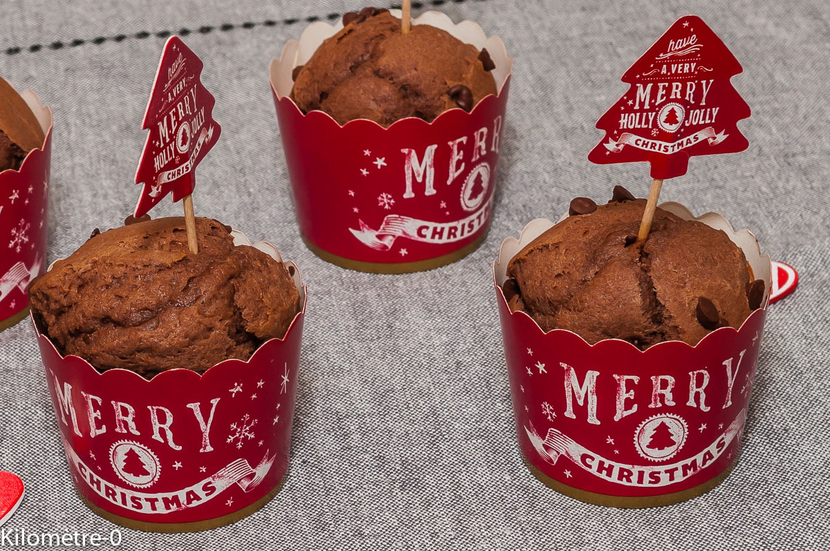 Photo de recette de muffins, chocolat, facile, rapide, Noël, léger de Kilomètre-0, blog de cuisine réalisée à partir de produits locaux et issus de circuits courts