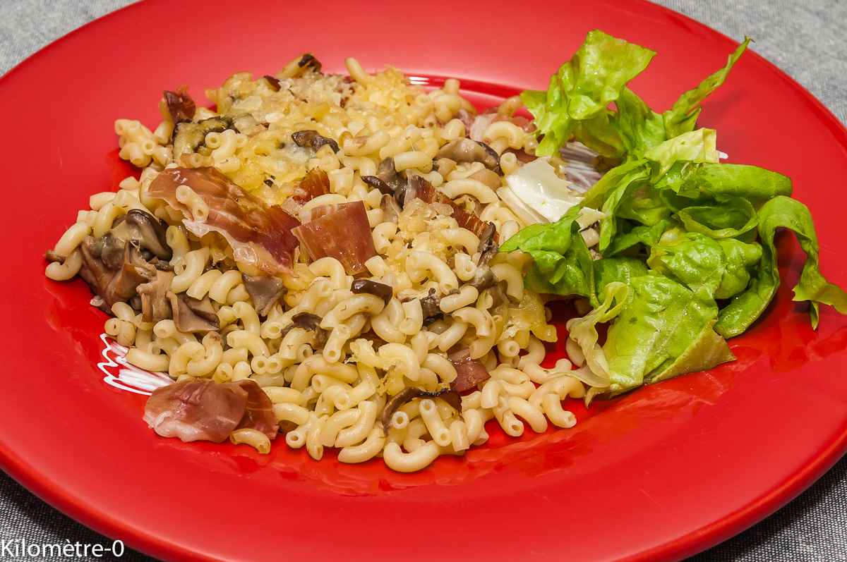 Photo de recette de gratin, cèpes, jambon, fromage, emmental, facile, rapide, léger, bio de Kilomètre-0, blog de cuisine réalisée à partir de produits locaux et issus de circuits courts