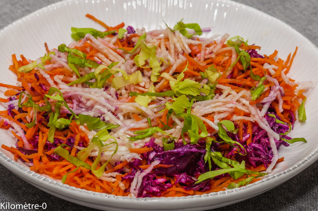 Photo de recette de salade chou rouge, carotte, radis noir, facile, rapide, léger, bio de Kilomètre-0, blog de cuisine réalisée à partir de produits locaux et issus de circuits courts