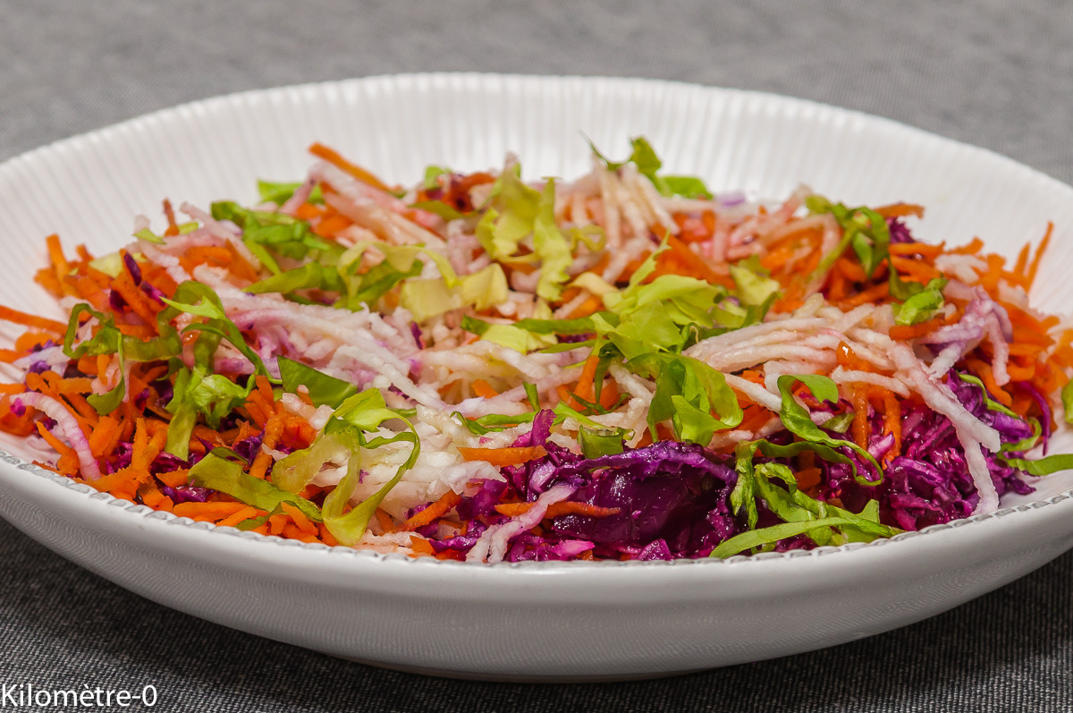 Photo de recette de salade, chou rouge, radis noir, carottes, facile, rapide, léger, simple, bio, hiver, Kilomètre-0, blog de cuisine réalisée à partir de produits locaux et issus de circuits courts