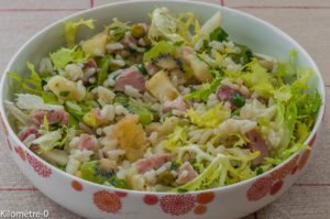 Photo de recette de salade riz, kiwis, ananas, jambon, facile rapide, bio, léger de Kilomètre-0, blog de cuisine réalisée à partir de produits locaux et issus de circuits courts