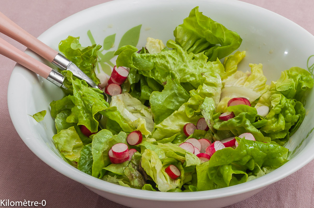 Photo de recette de salade verte, bio, radis, facile, légère, bio de Kilomètre-0, blog de cuisine réalisée à partir de produits locaux et issus de circuits courts