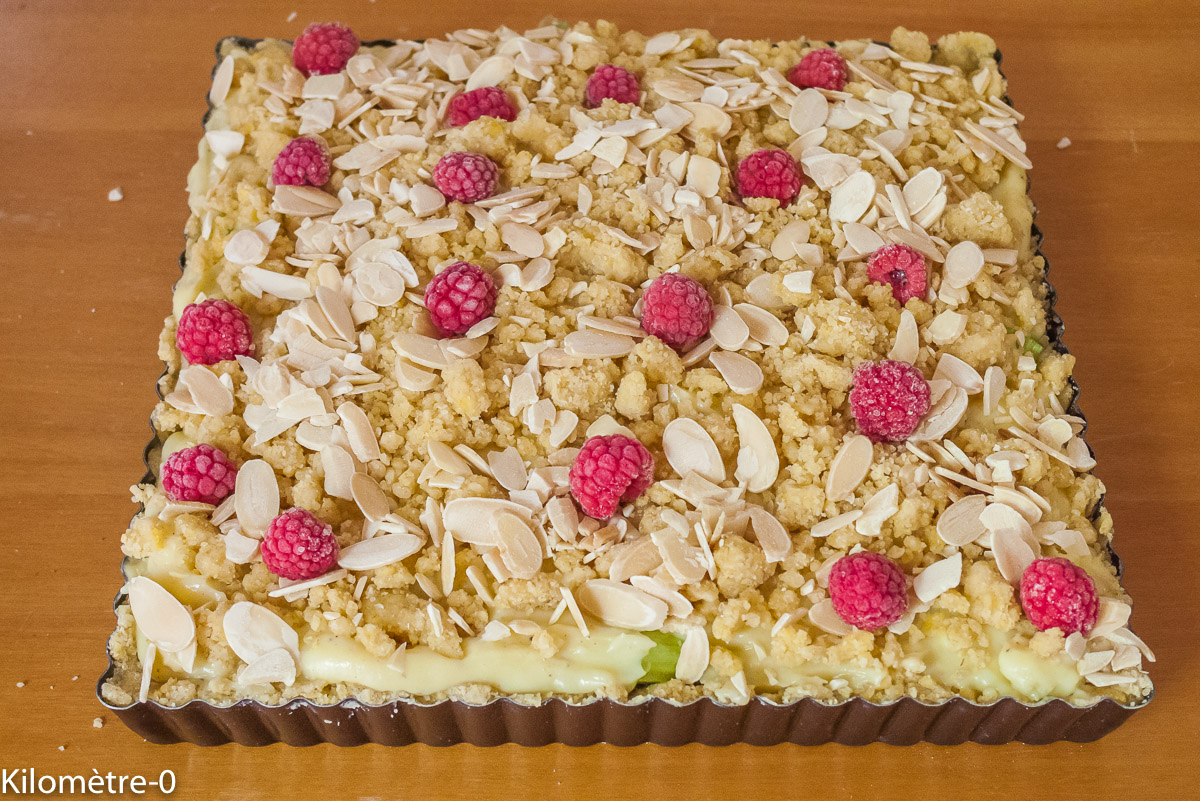 Photo de recette de tarte, gourmande, framboise, rhubarbe, amande, facile, bio, Kilomètre-0, blog de cuisine réalisée à partir de produits locaux et issus de circuits courts