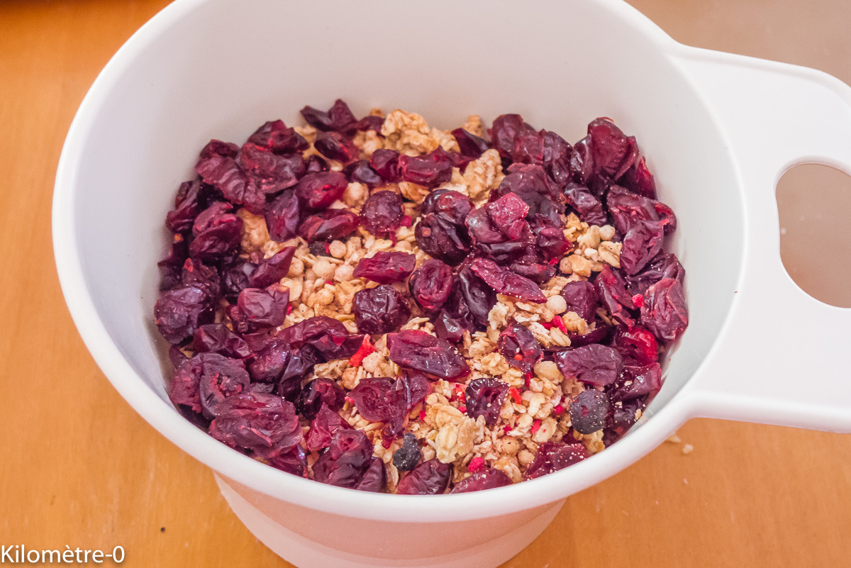Photo de recette de muesli cranberries, bio de Kilomètre-0, blog de cuisine réalisée à partir de produits locaux et issus de circuits courts