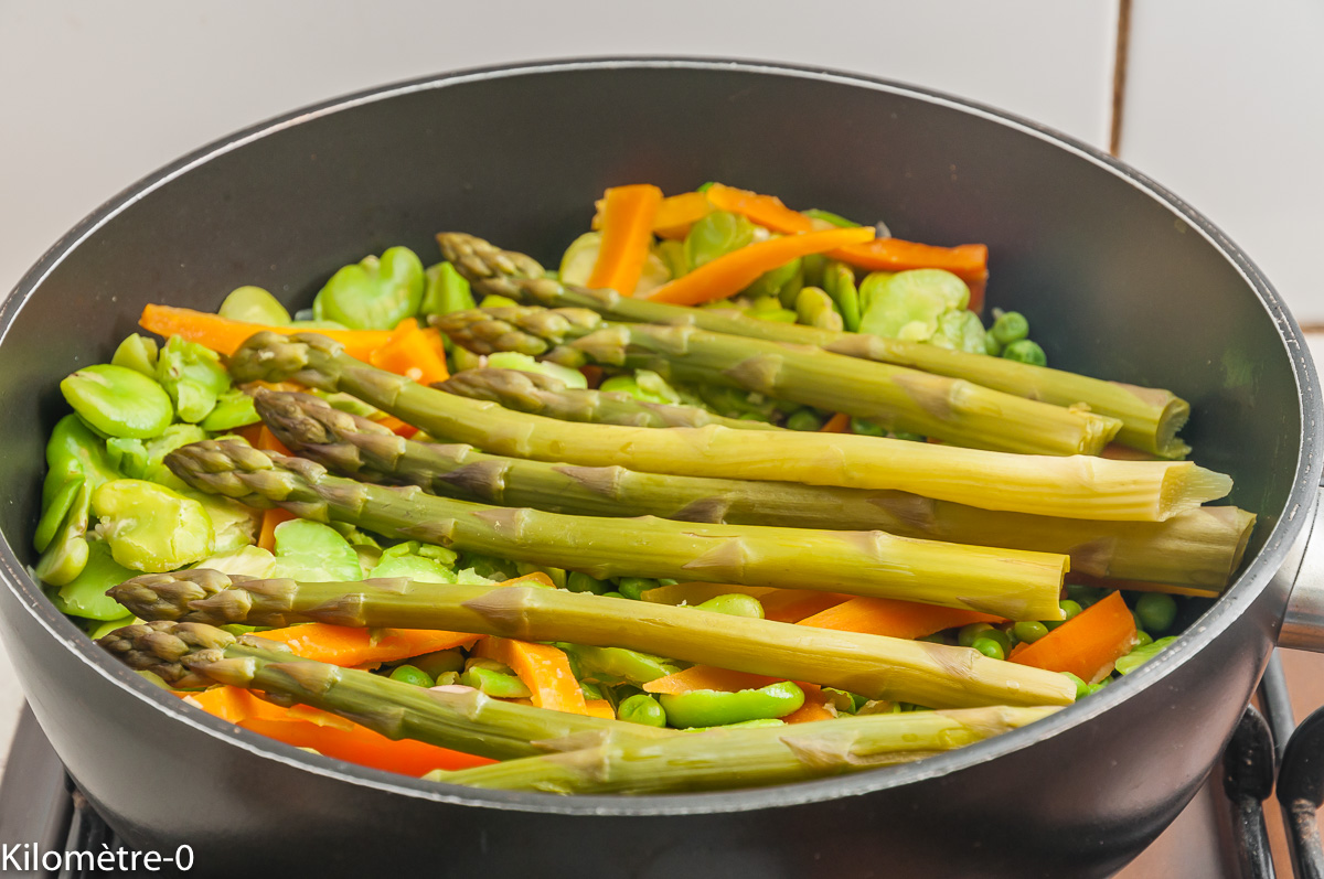Photo de recette de légumes, printemps, asperges vertes, fèves, petits pois, bio, léger, facile, rapide de Kilomètre-0, blog de cuisine réalisée à partir de produits locaux et issus de circuits courts