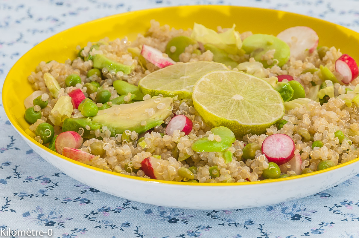 Photo de recette de salade quinoa, radis, petit pois, fèves, facile, citron vert, léger, bio de Kilomètre-0, blog de cuisine réalisée à partir de produits locaux et issus de circuits courts