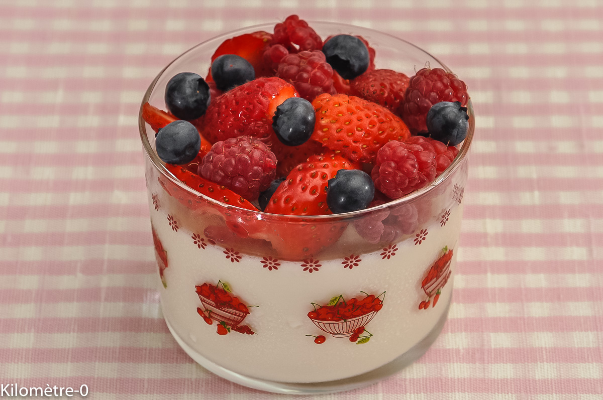 Photo de recette de panna cotta, fruits rouges, agar agar, fraise, framboises, myrtilles, facile, rapide de Kilomètre-0, blog de cuisine réalisée à partir de produits locaux et issus de circuits courts