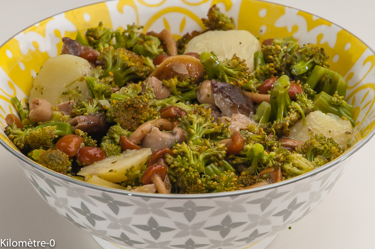 Photo de recette de salade, pomme de terre, brocolis, champignons, facile de Kilomètre-0, blog de cuisine réalisée à partir de produits locaux et issus de circuits courts