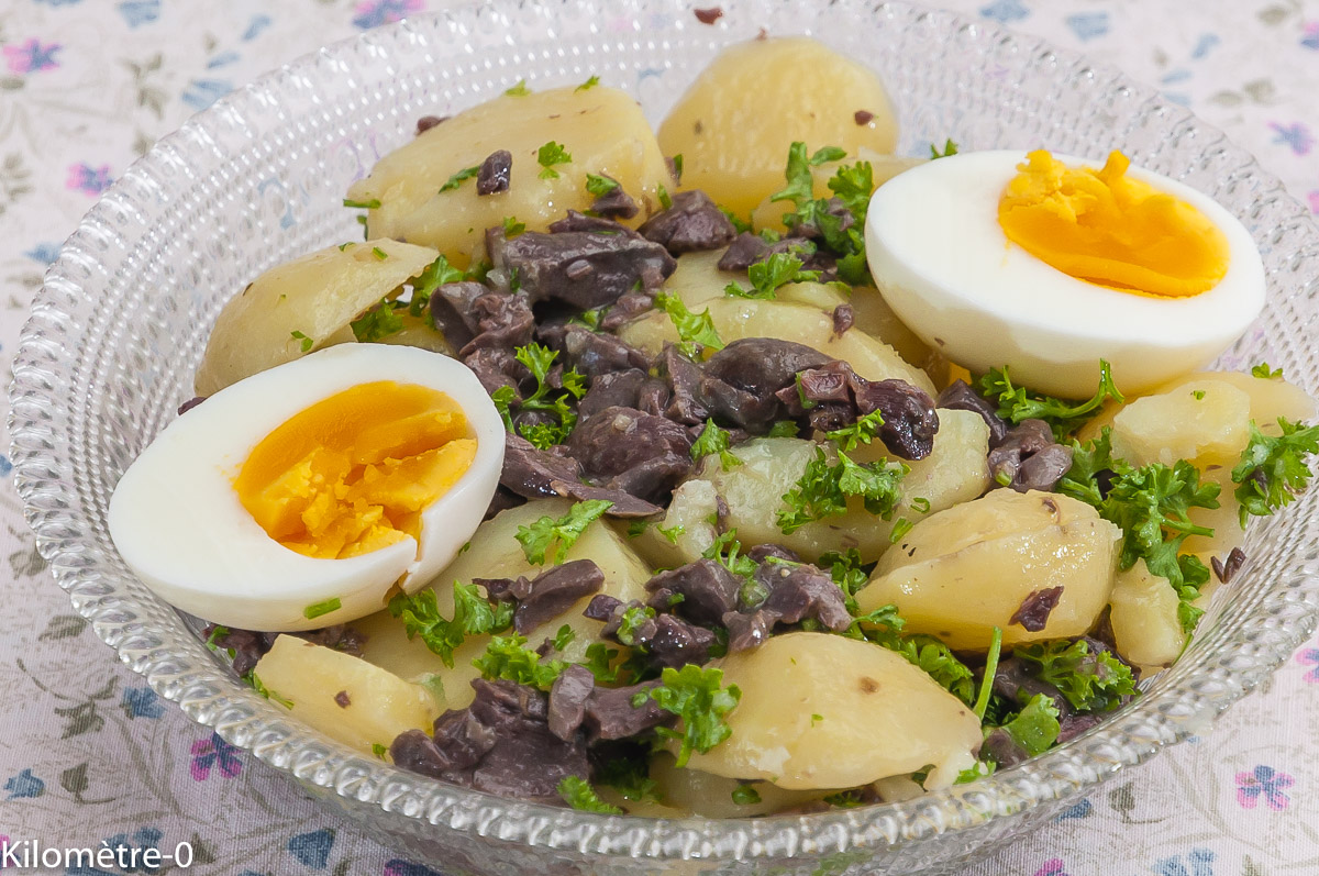 Photo de recette de salade , pomme de terre, oeuf dur, gésiers, canard de Kilomètre-0, blog de cuisine réalisée à partir de produits locaux et issus de circuits courts