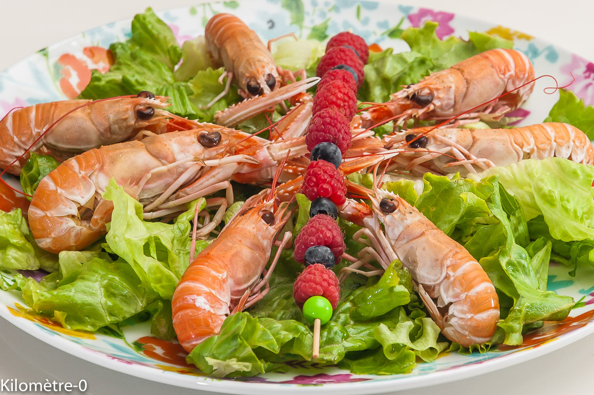 Photo de recette de salade, langoustine, fruit rouge, facile, léger, été deKilomètre-0, blog de cuisine réalisée à partir de produits locaux et issus de circuits courts
