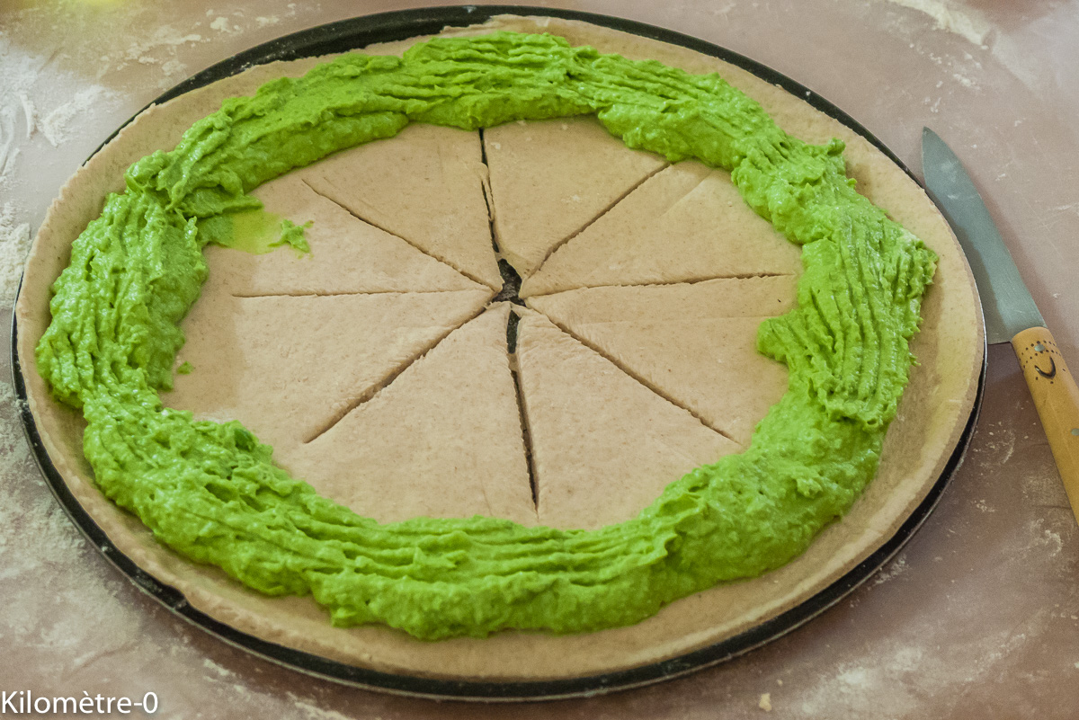 Photo de recette de pizza petits pois, langoustine de Kilomètre-0, blog de cuisine réalisée à partir de produits locaux et issus de circuits courts