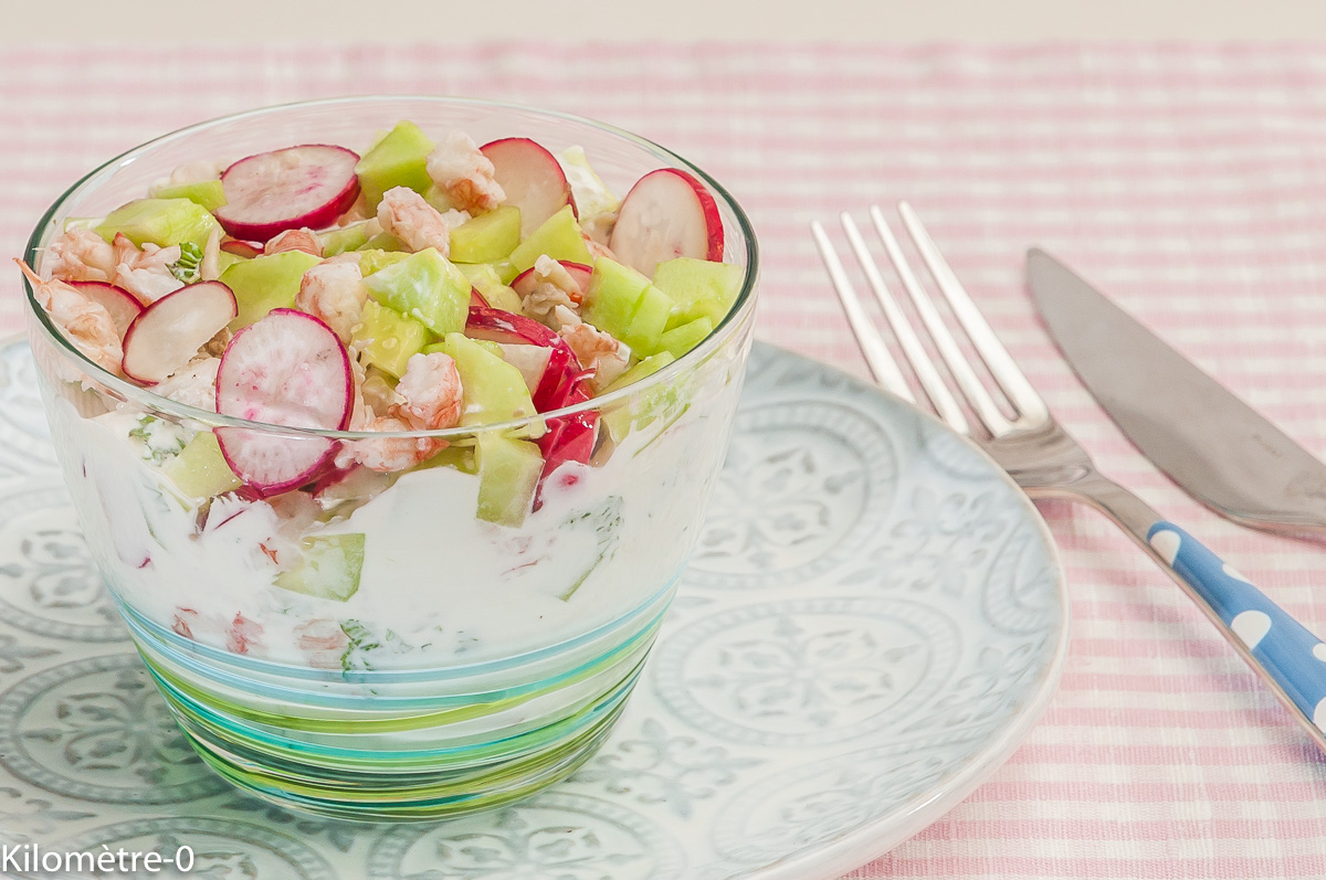 Photo de recette de tzatziki, langoustine, radis, concombre, salade, verrine,  Kilomètre-0, blog de cuisine réalisée à partir de produits locaux et issus de circuits courts