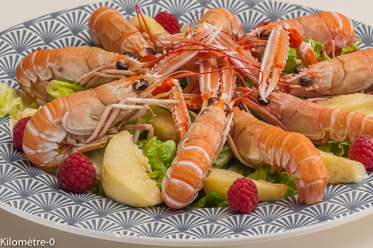 Photo de recette de salade, langoustine, fruit rouge, facile, léger, été deKilomètre-0, blog de cuisine réalisée à partir de produits locaux et issus de circuits courts